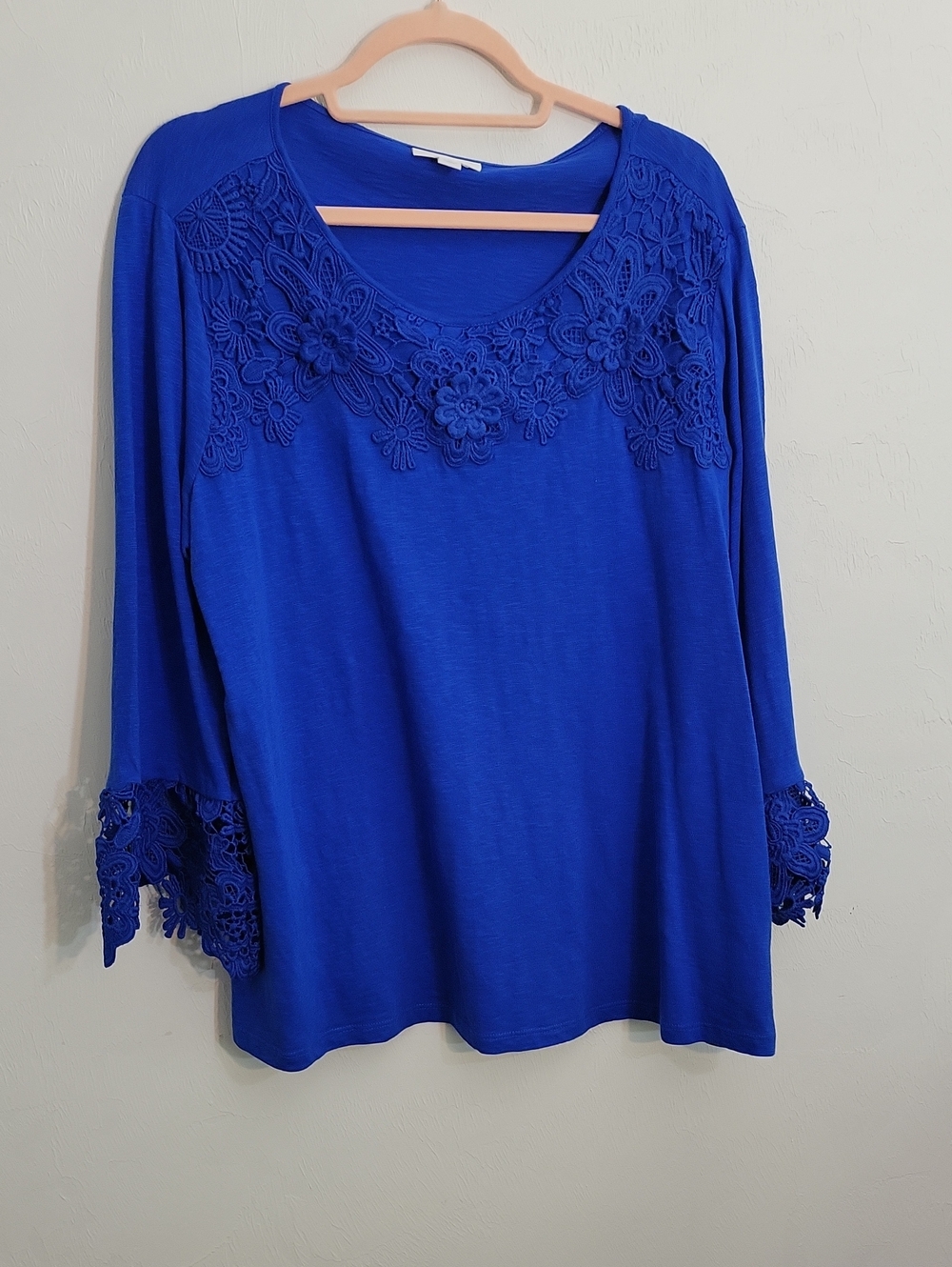 Charter Club Royal Blue Scoop Neck Top with Crochet Floral Trim